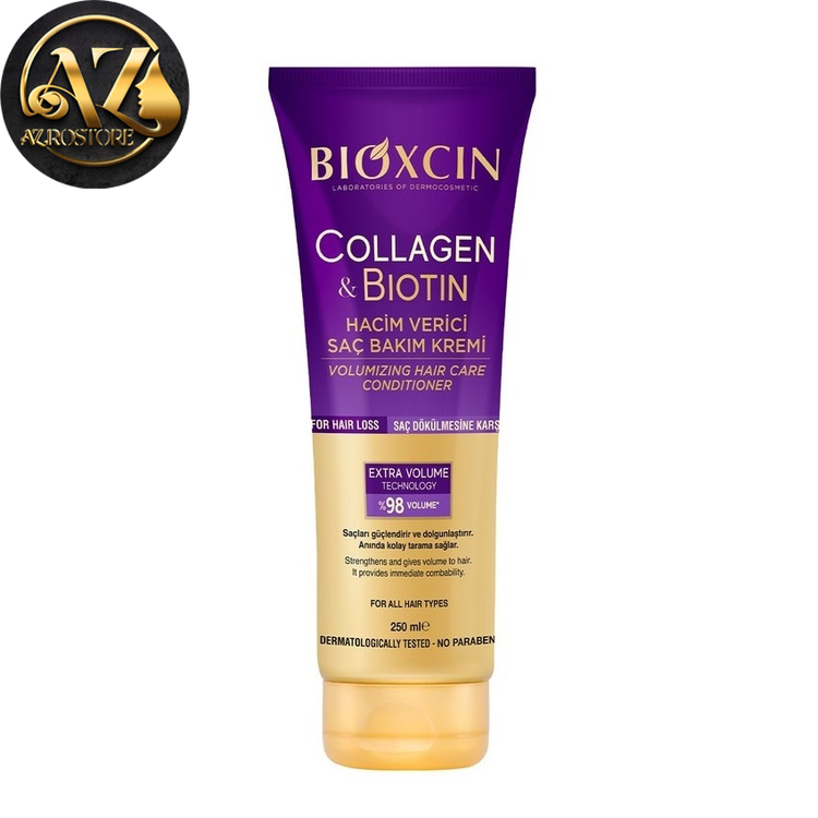 خرید ماسک تیوپی حجم دهنده مو بیوکسین Bioxcin بنفش حاوی بیوتین و کلاژن حجم 250 میل
