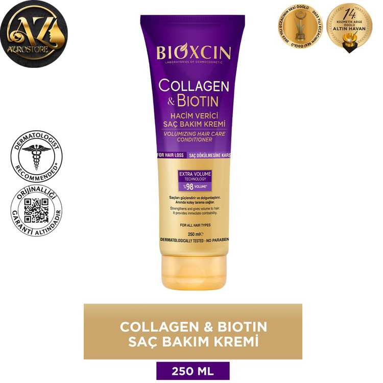 ماسک تیوپی حجم دهنده مو بیوکسین Bioxcin بنفش حاوی بیوتین و کلاژن حجم 250 میل