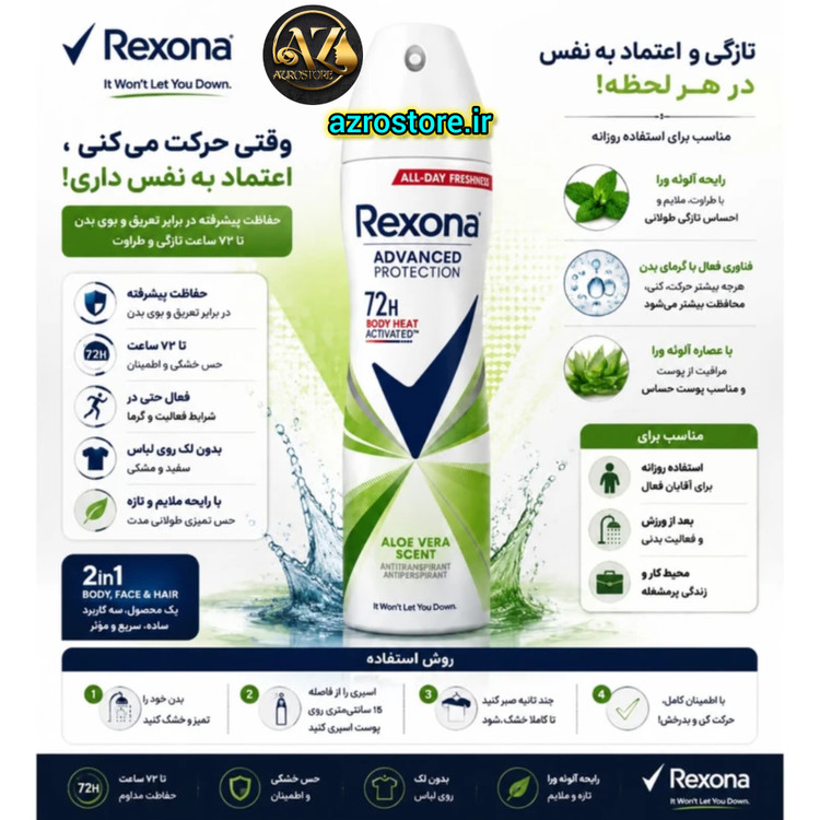 اسپری ضد تعریق زنانه رکسونا مدل Aloe Vera Scent حجم ۲۰۰ میلی لیتر ۷۲ ساعته